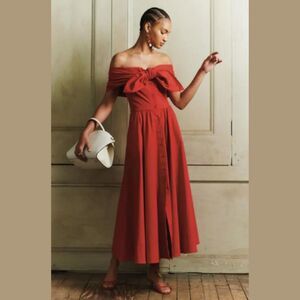 Oscar De La Renta Red Cotton-Blend Big Bow Runaway Off-Shoulder Midi Dress
